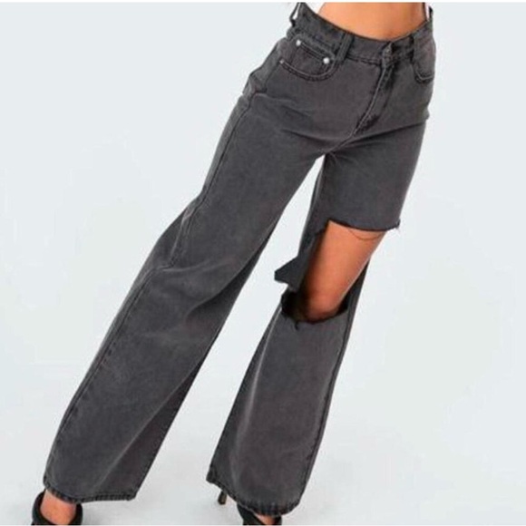 Edikted Denim - Edikted High-Rise Black Distressed Wide-Leg Jeans